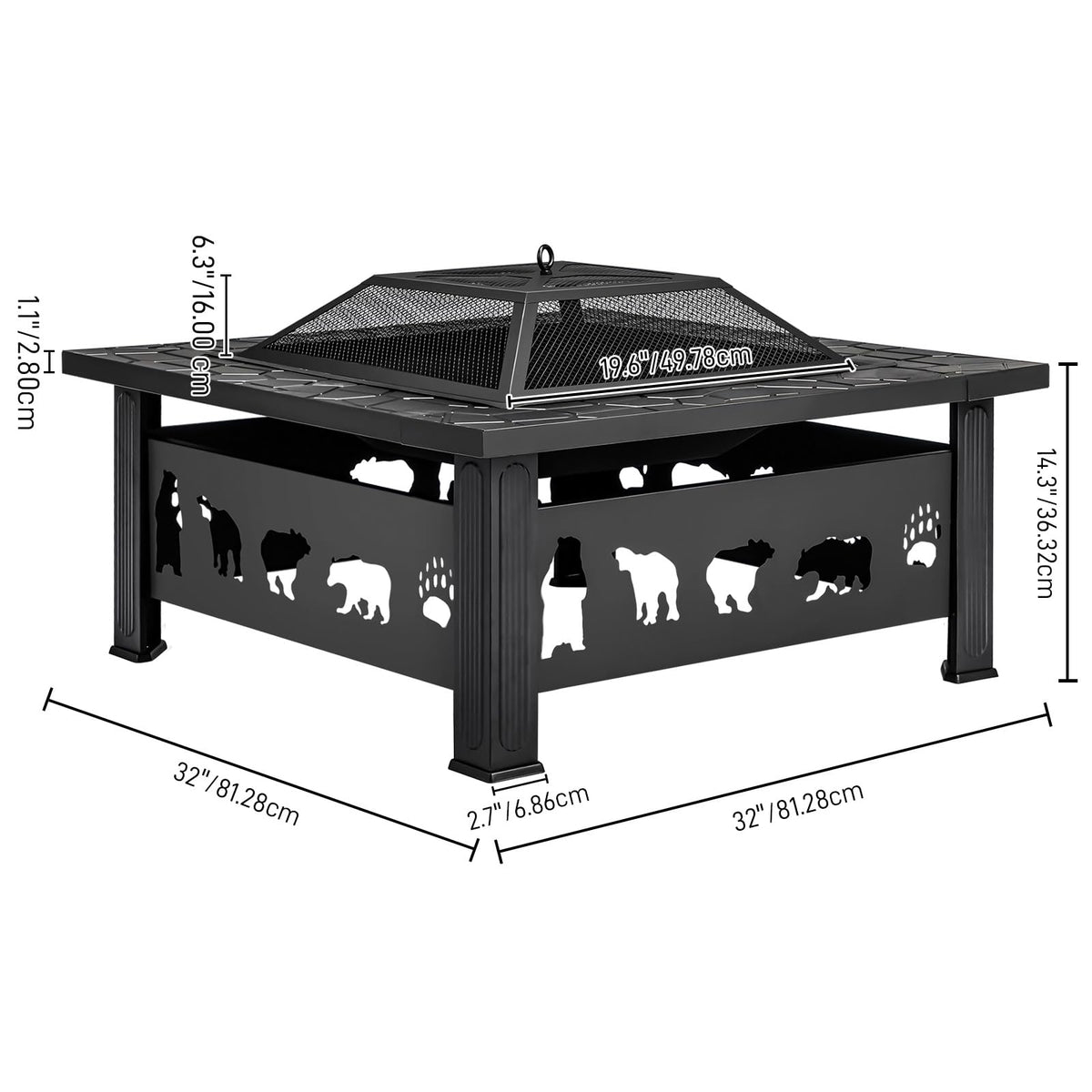 32 Inch Square Wood Burning Fire Pit Table F3162