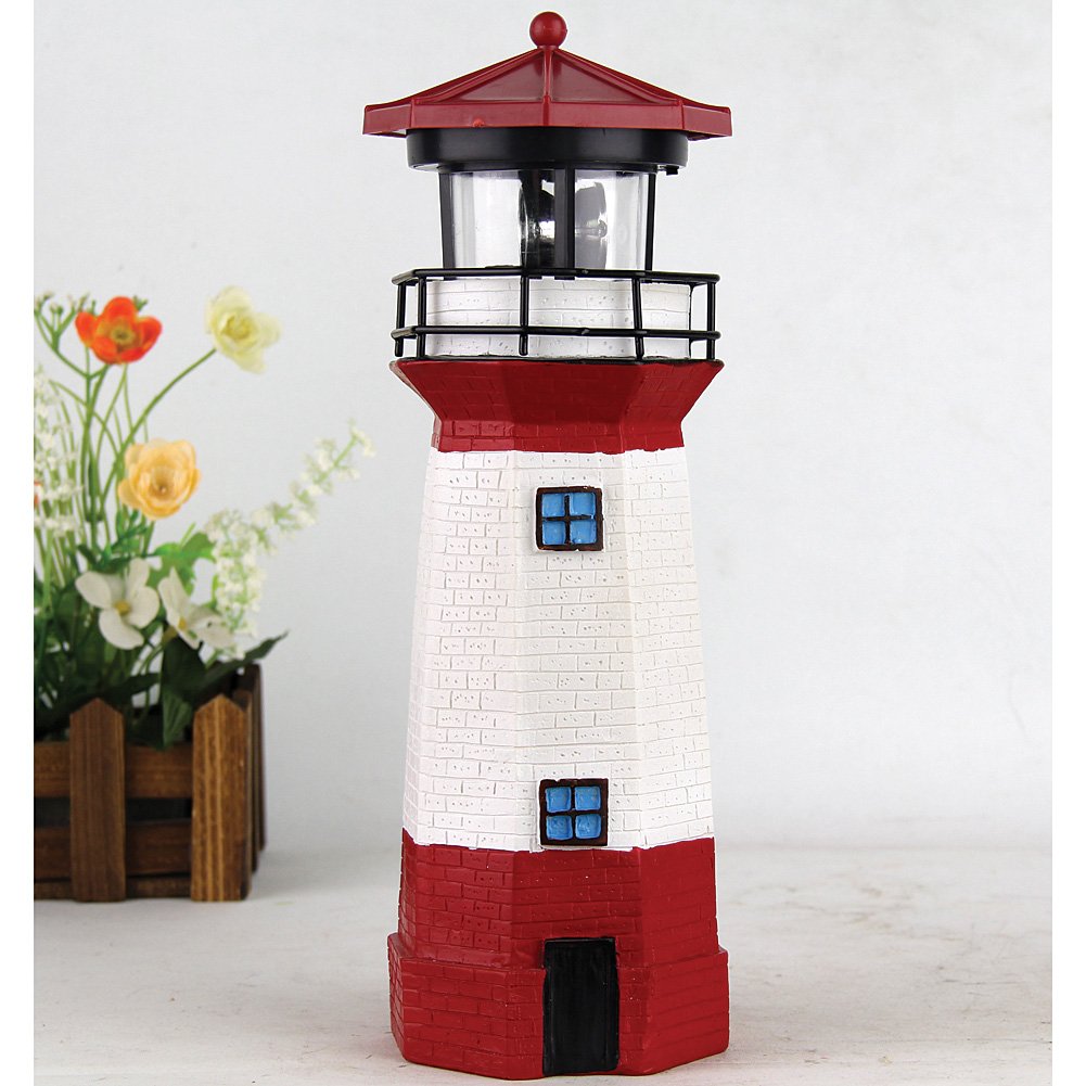 15" Red Solar Lighthouse with Rotating LED W30024