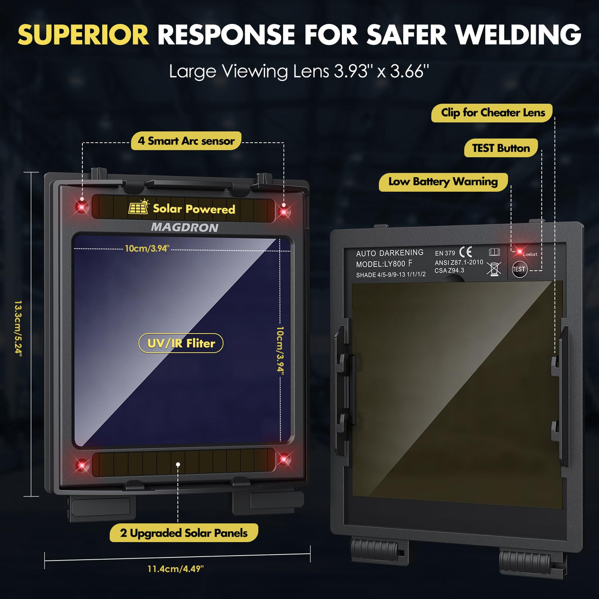Auto Darkening Welding Helmet Large View True Color 4 Arc Sensor Solar/Battery Powered I3258