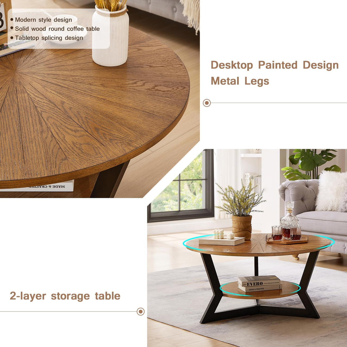Brown 2-Tier Solid Wood Round Coffee Table B631358