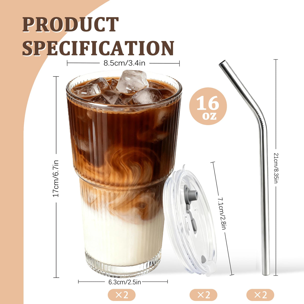 2 Packs Ribbed Glass Tumbler with Lid and Straw 16 oz J918