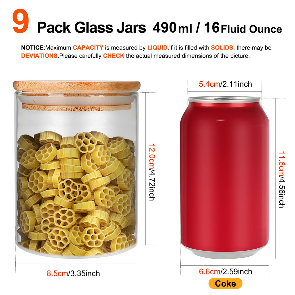 9 Pack 16 oz Glass Jars with Airtight Bamboo Lids R477