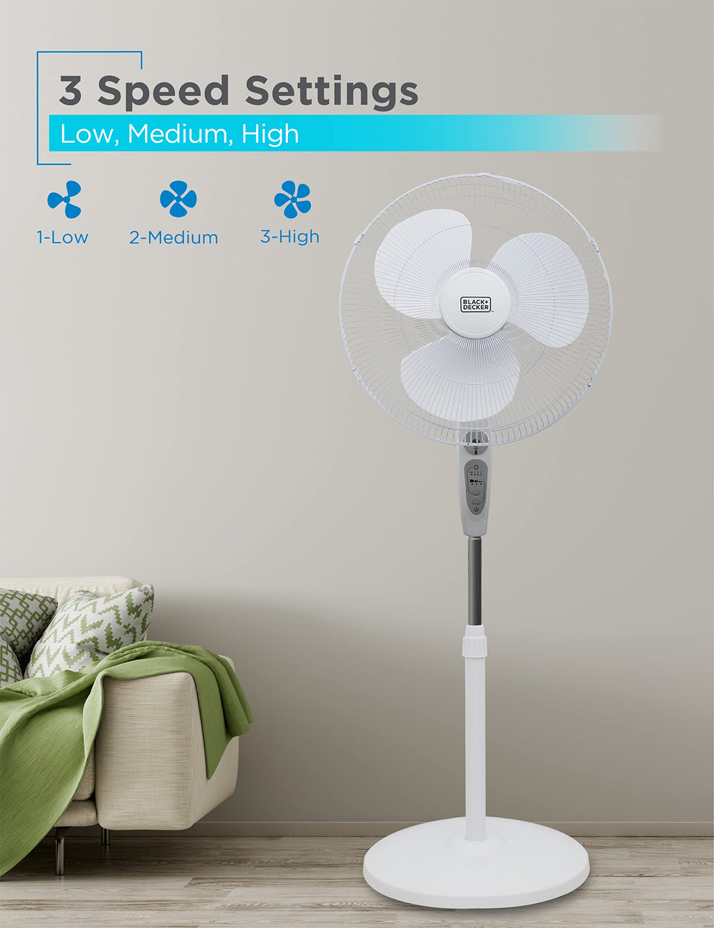 18-Inch Stand Fan with Remote and 3-Speed Settings, White F154