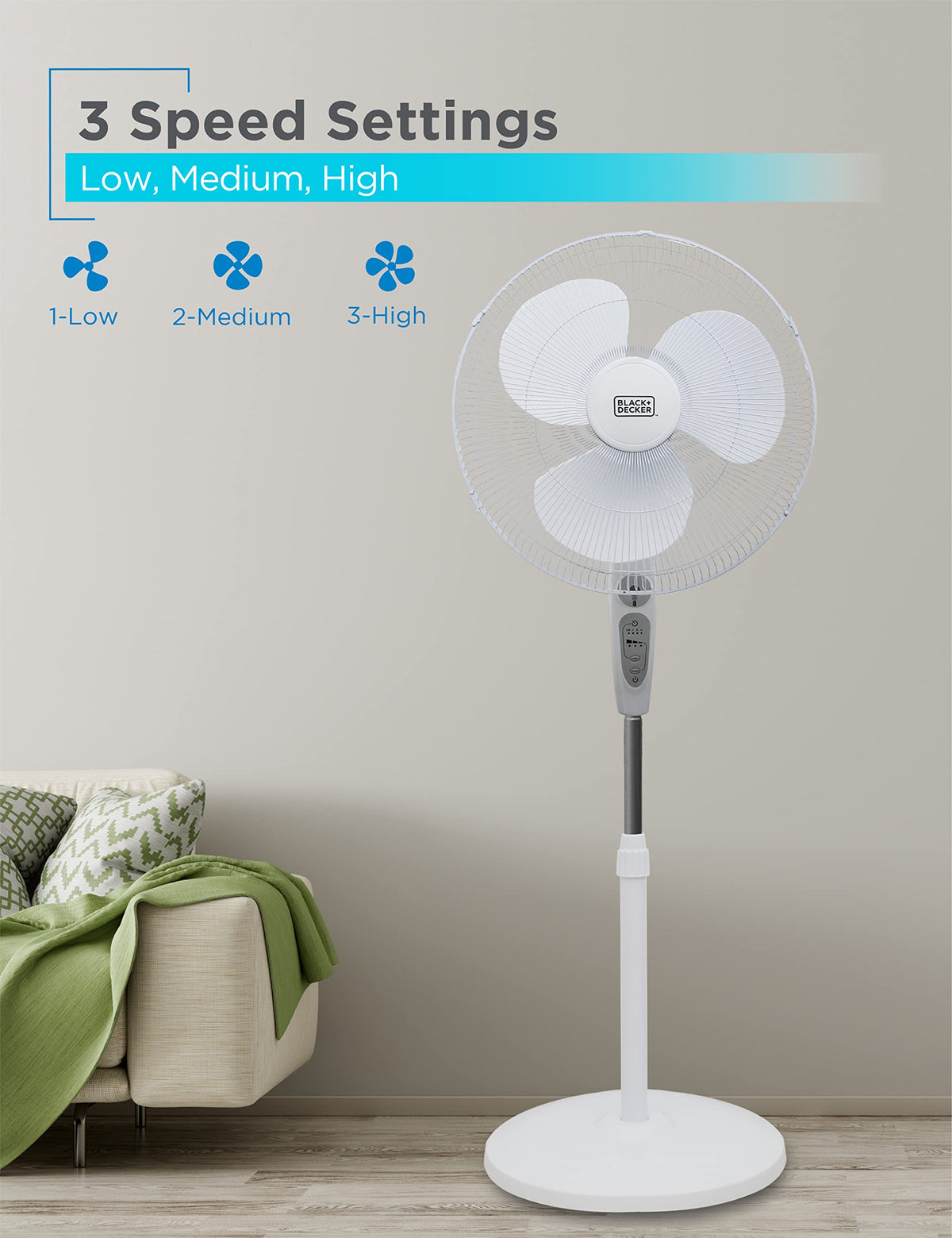 18-Inch Stand Fan with Remote and 3-Speed Settings, White F154