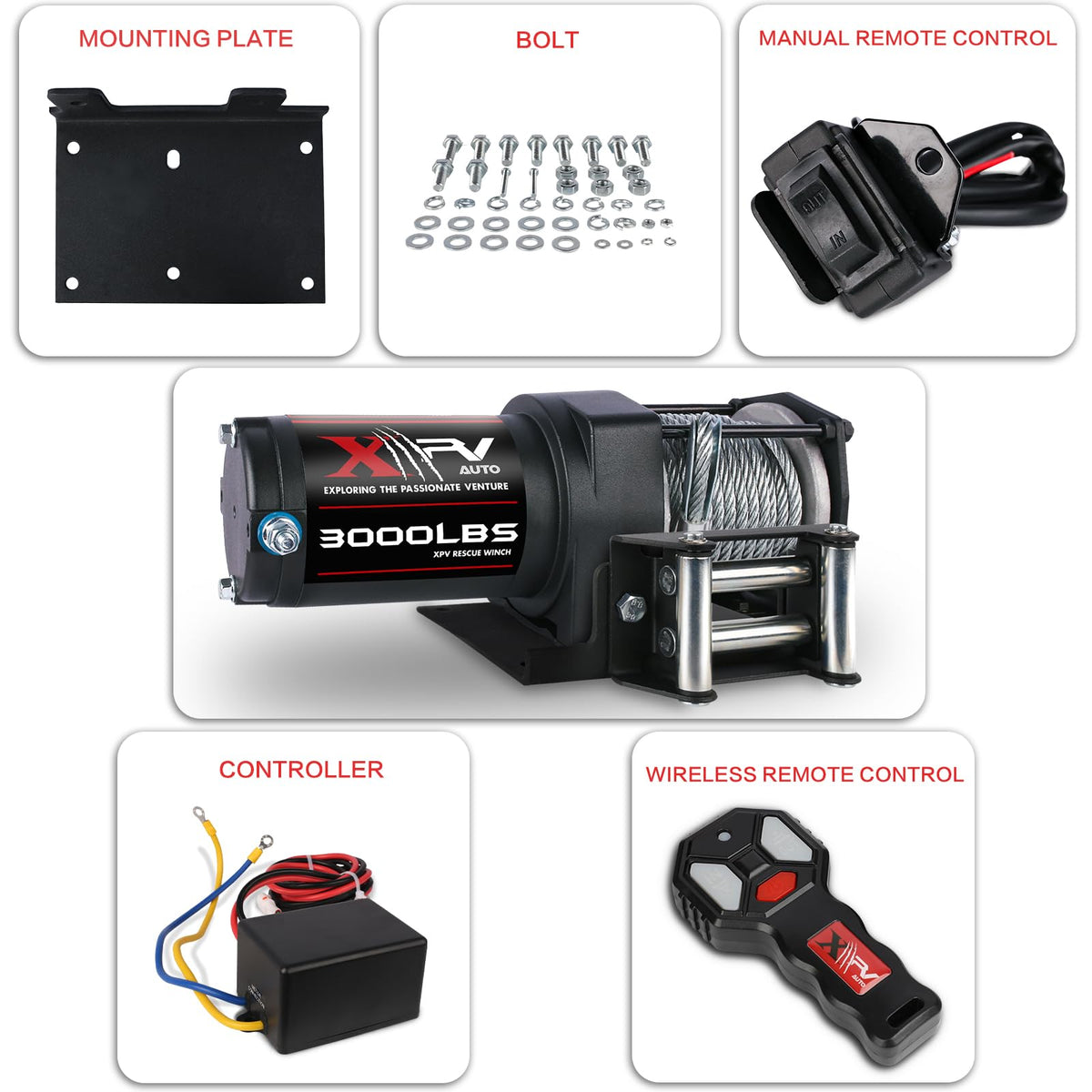 3000 lb 12V DC Electric Winch with Wireless Remote and Corded Control J5351
