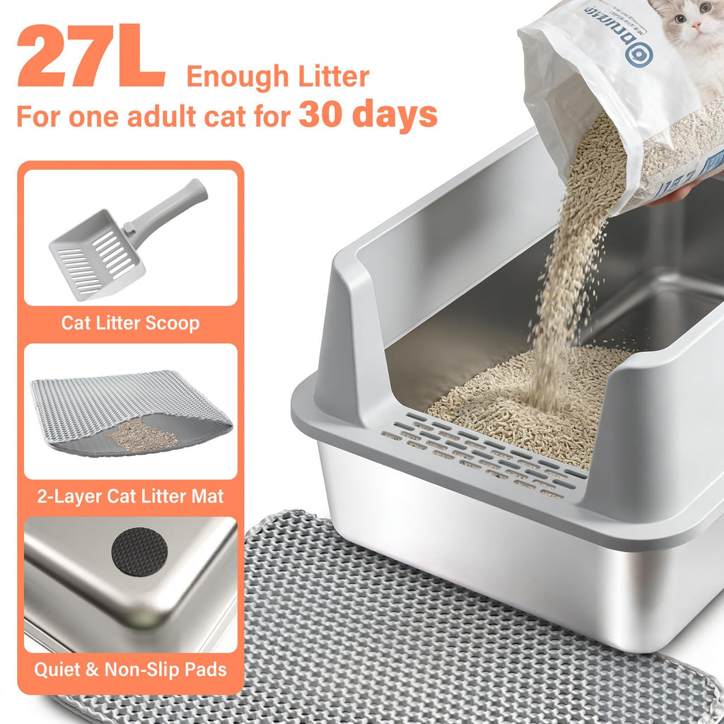 XL Stainless Steel Cat Litter Box with Lid and Scoop G847311