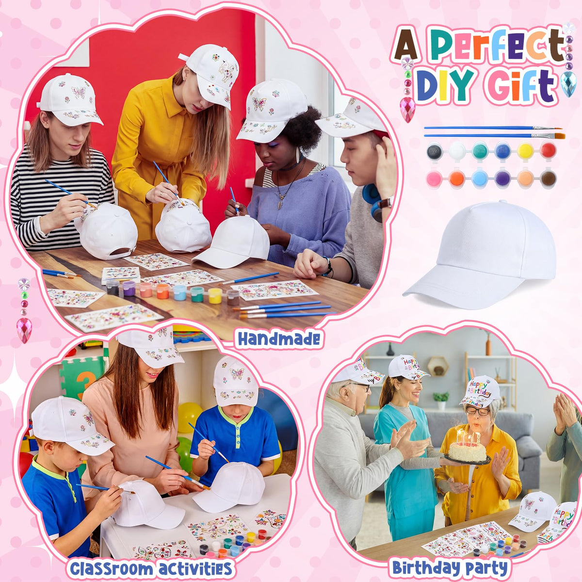 30 Pcs White Blank Adjustable Baseball Caps with Acrylic Paint Brushes E478203