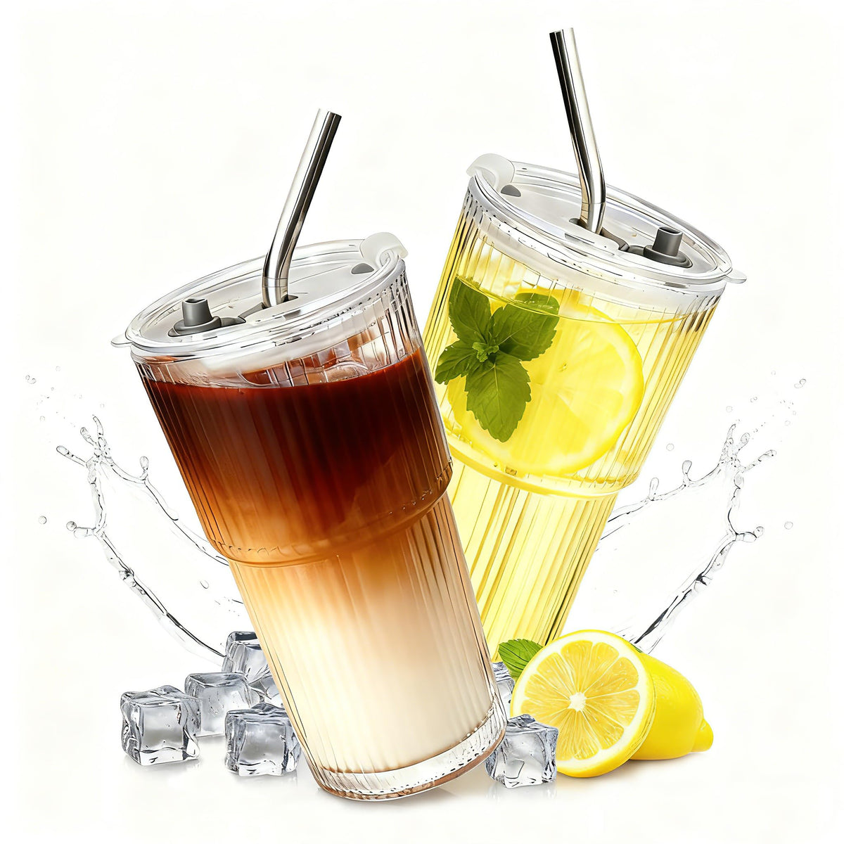 2 Packs Ribbed Glass Tumbler with Lid and Straw 16 oz J918