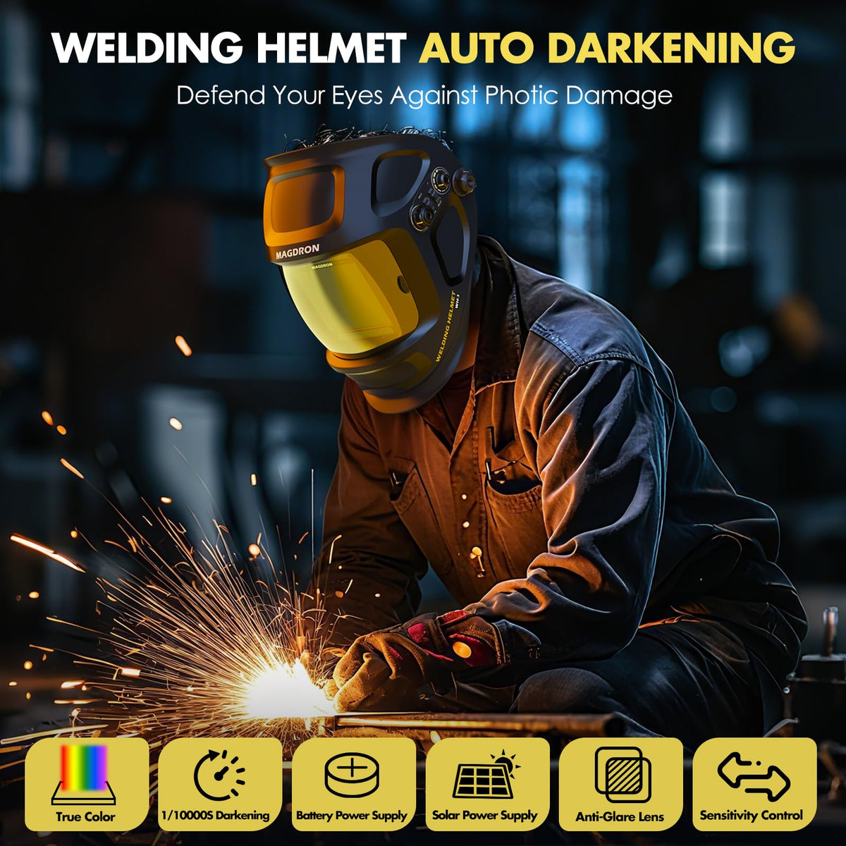 Auto Darkening Welding Helmet Large View True Color 4 Arc Sensor Solar/Battery Powered I3258