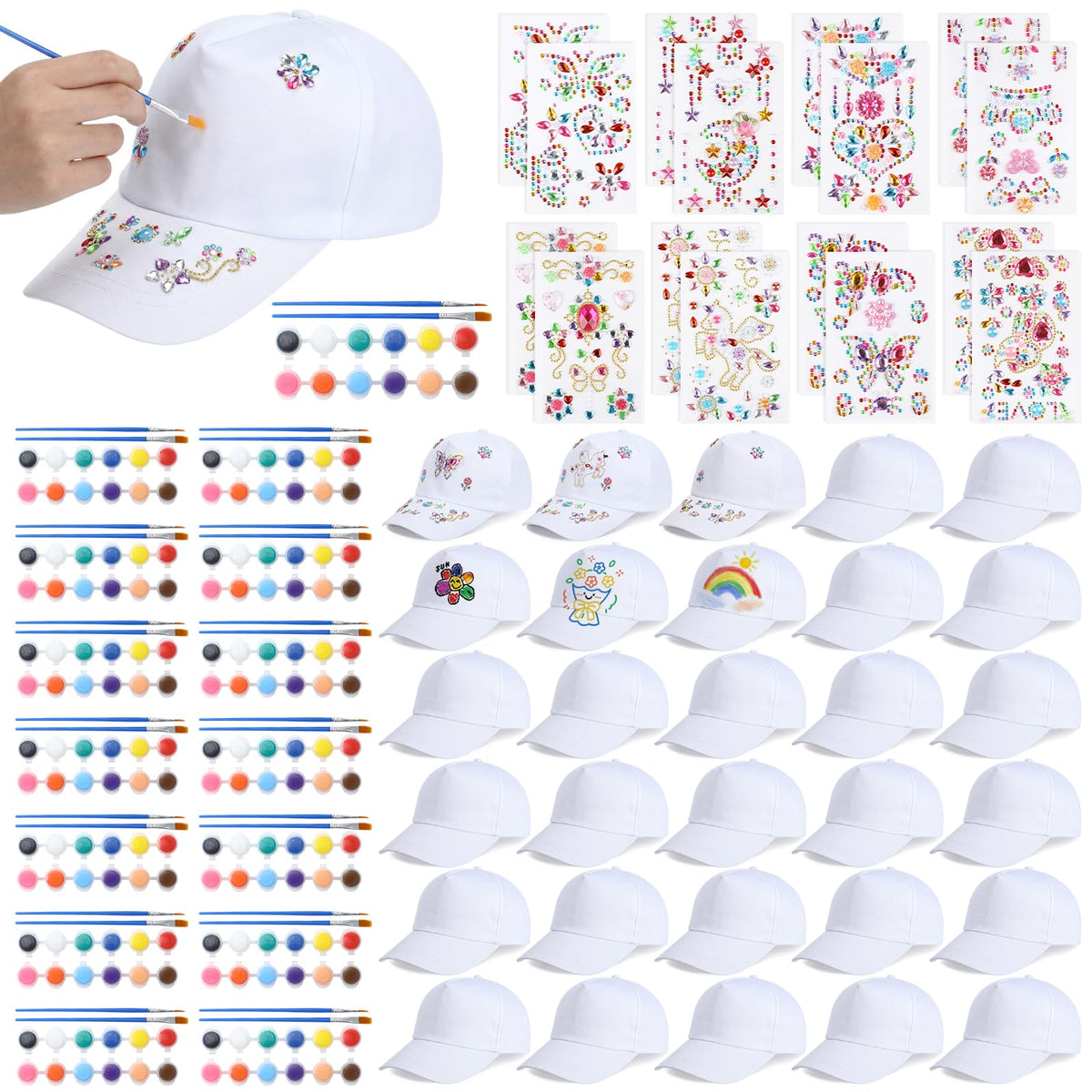 30 Pcs White Blank Adjustable Baseball Caps with Acrylic Paint Brushes E478203
