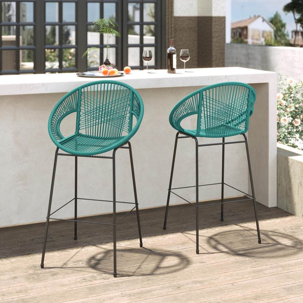 Teal Faux Wicker Outdoor Bar Stool, Set of 2 M4384