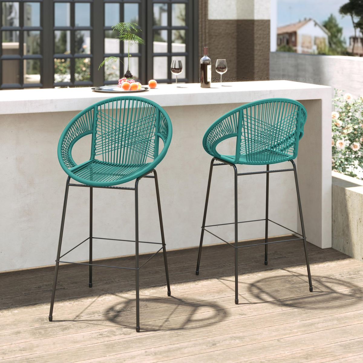 Teal Faux Wicker Outdoor Bar Stool, Set of 2 M4384
